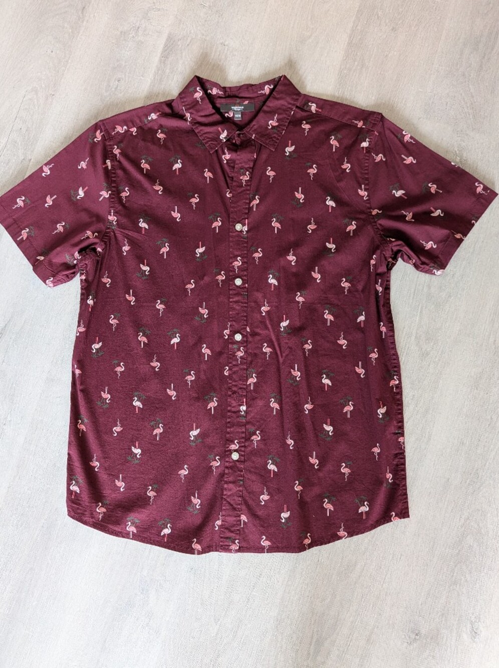 Men's Burgundy Short-Sleeve Flamingo Print Button-Up Shirt
